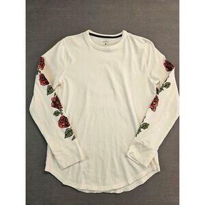 Hollister Mens Rose Graphic Long Sleeve T-Shirt Cream Floral Sleeves Medium